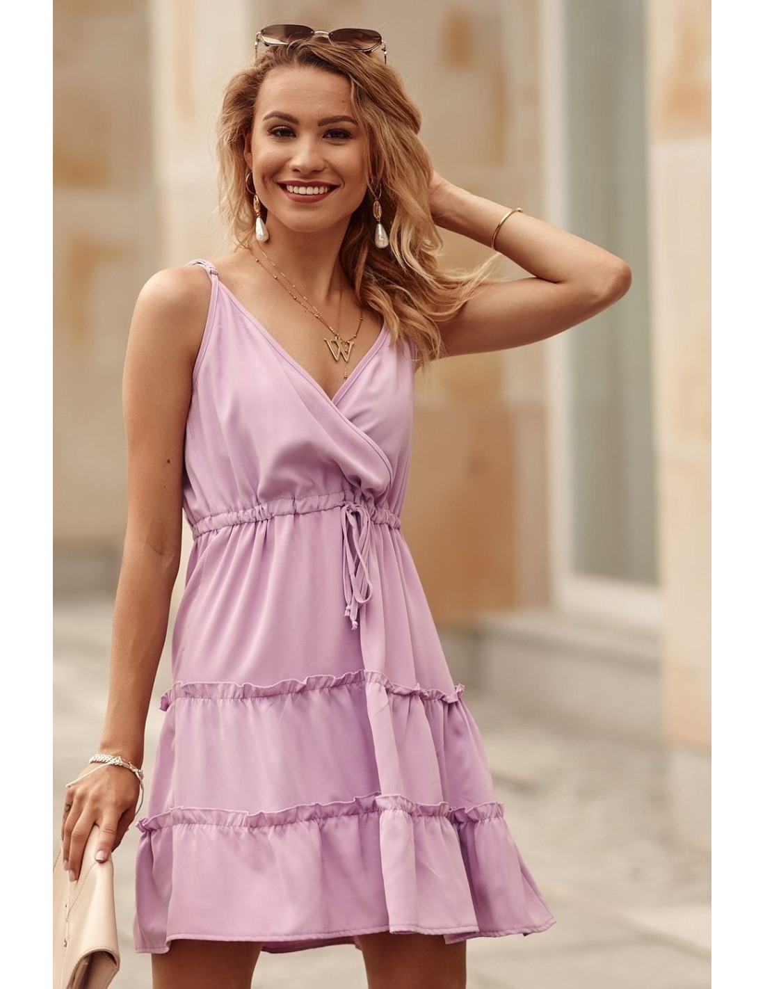 Delicate dress with an envelope neckline, purple PR3200 - Online store - Boutique